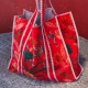 Grand sac cabas XXL en velours rouge fleuri
